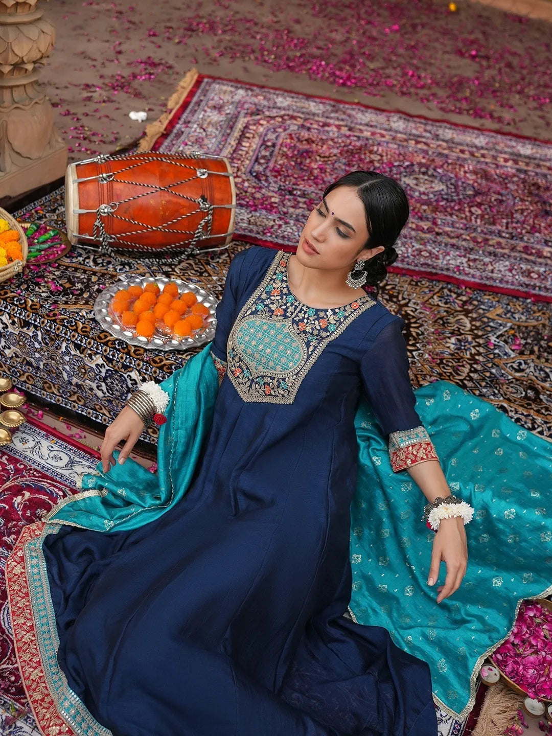 Navy Blue Embroidered Anarkali Suit Set with Teal Heavy Work Dupatta for Festive