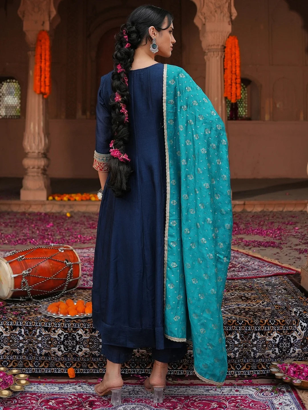 Navy Blue Embroidered Anarkali Suit Set with Teal Heavy Work Dupatta for Festive