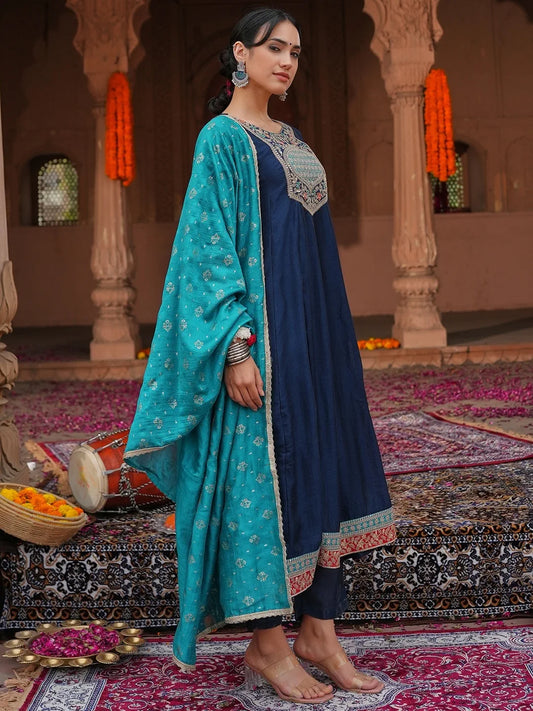 Navy Blue Embroidered Anarkali Suit Set with Teal Heavy Work Dupatta for Festive