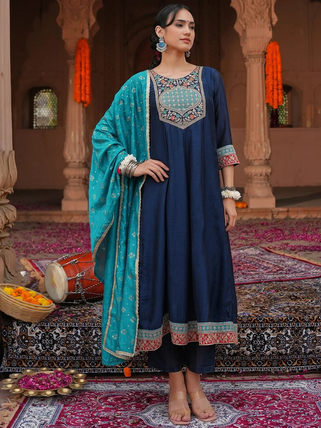 Navy Blue Embroidered Anarkali Suit Set with Teal Heavy Work Dupatta for Festive