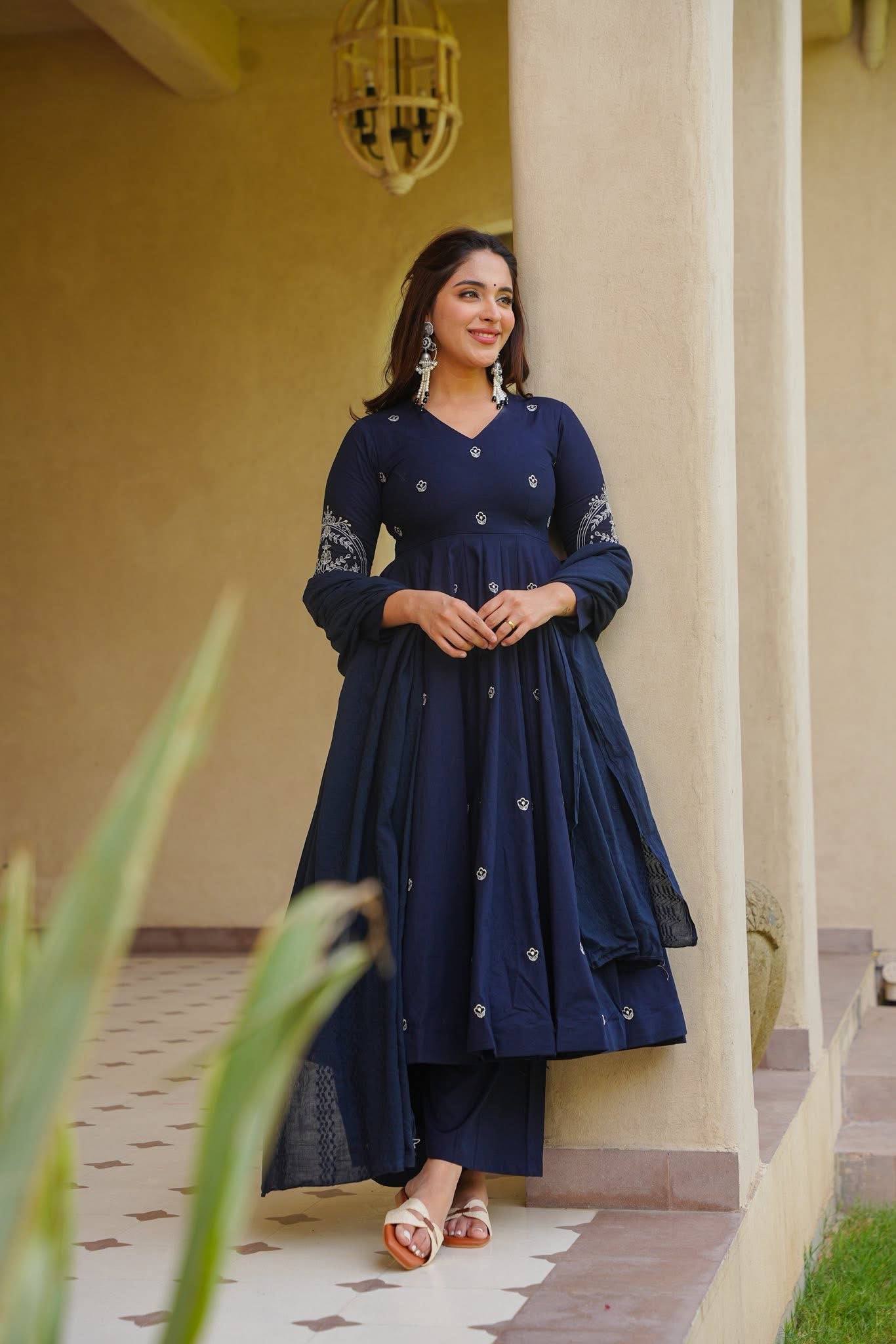 Navy Blue Embroidered Anarkali Suit with Dupatta for Casual Wear