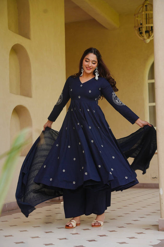 Navy Blue Embroidered Anarkali Suit with Dupatta for Casual Wear