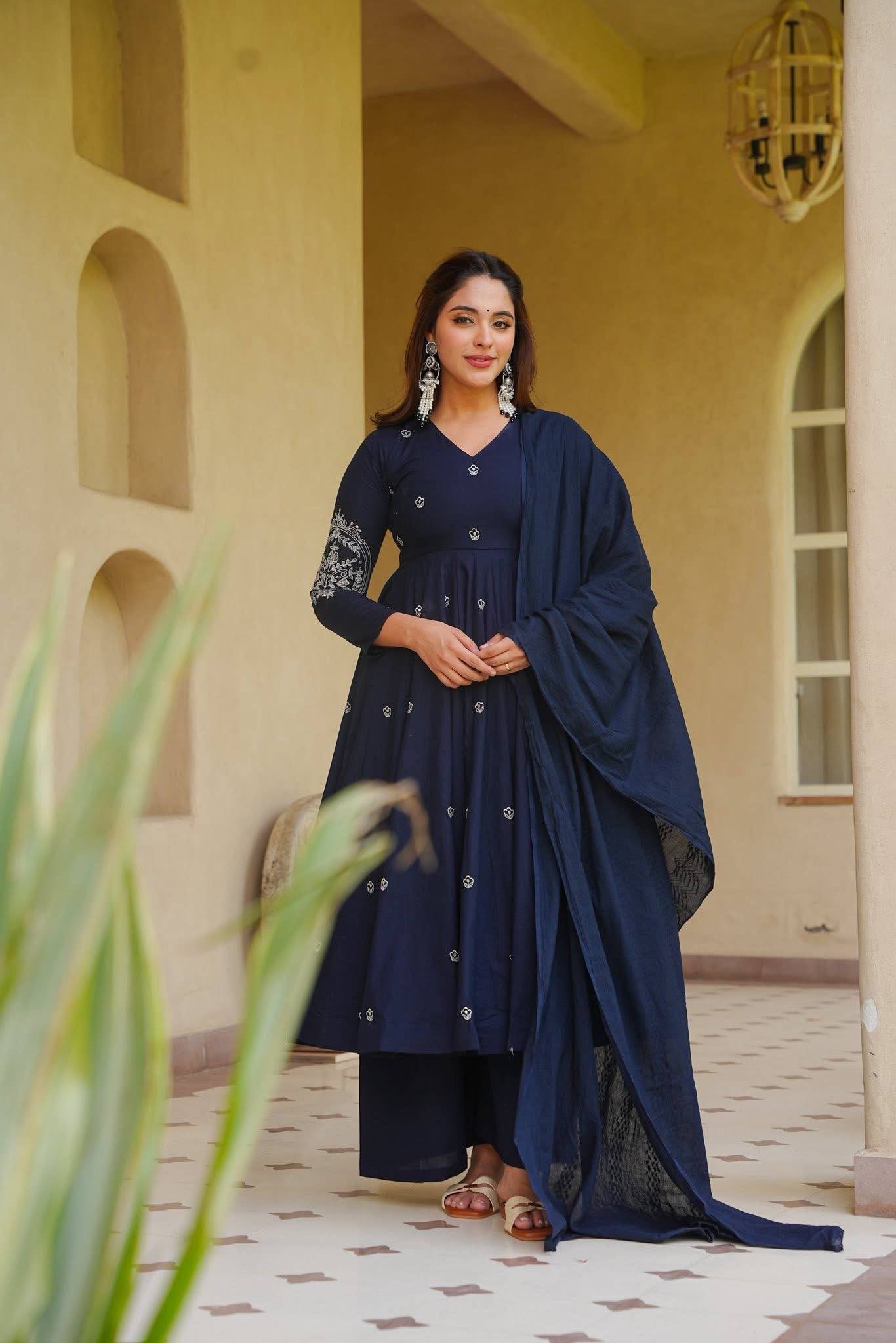 Navy Blue Embroidered Anarkali Suit with Dupatta for Casual Wear