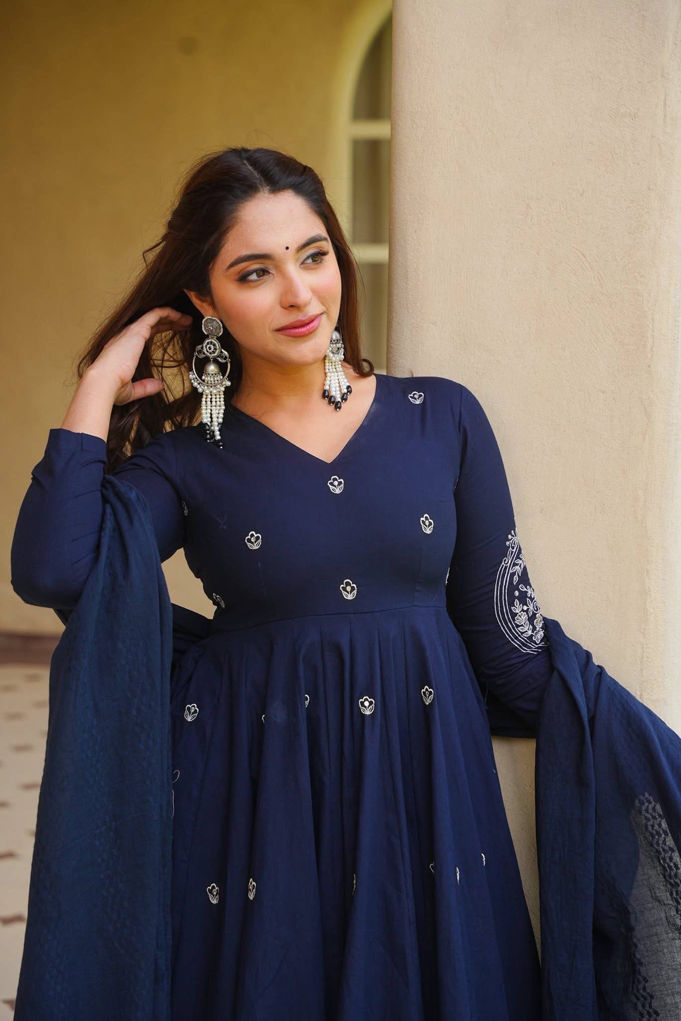 Navy Blue Embroidered Anarkali Suit with Dupatta for Casual Wear