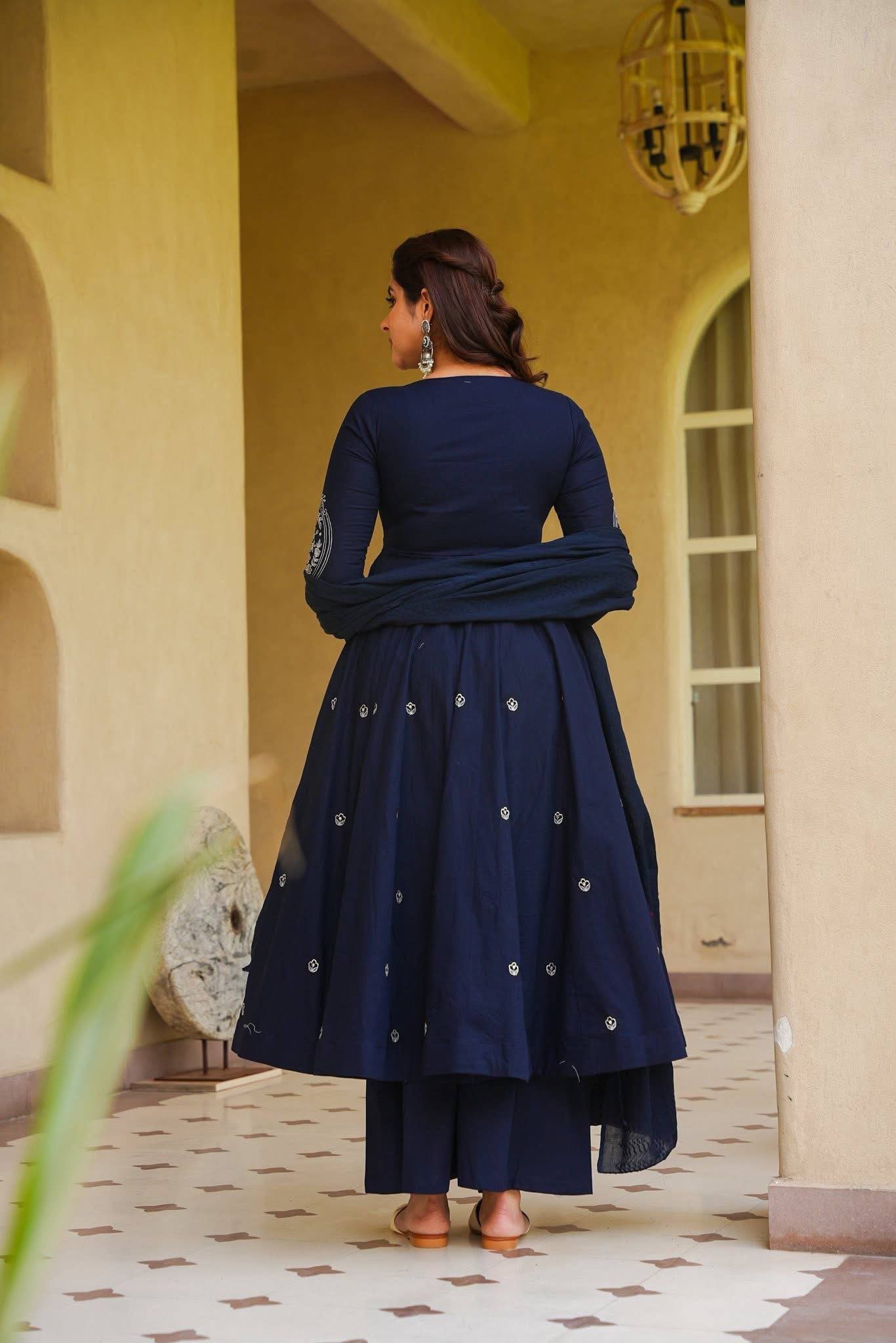 Navy Blue Embroidered Anarkali Suit with Dupatta for Casual Wear