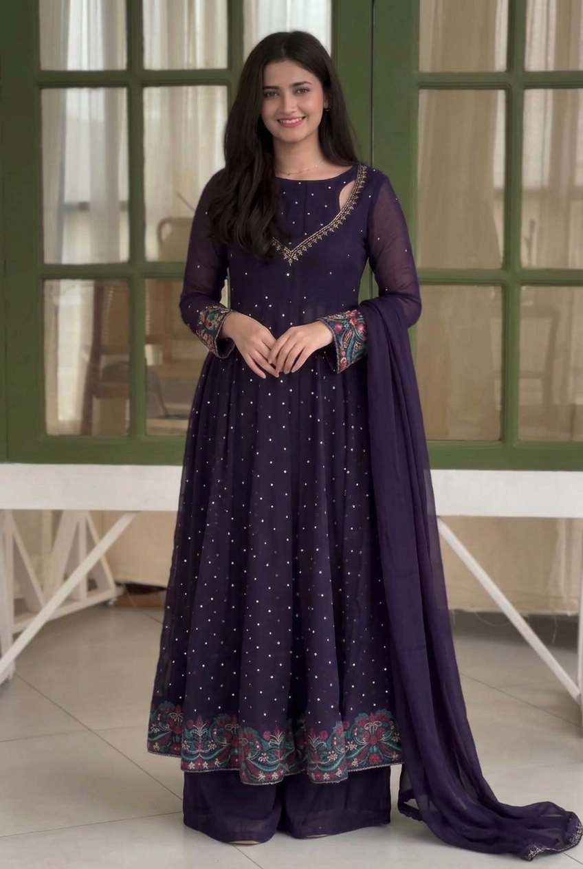Navy Blue Sequin Anarkali Suit with Dupatta for Party Wear