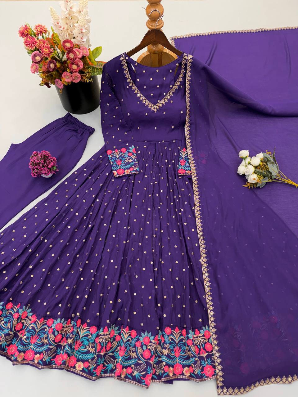 Navy Blue Sequin Anarkali Suit with Dupatta for Party Wear