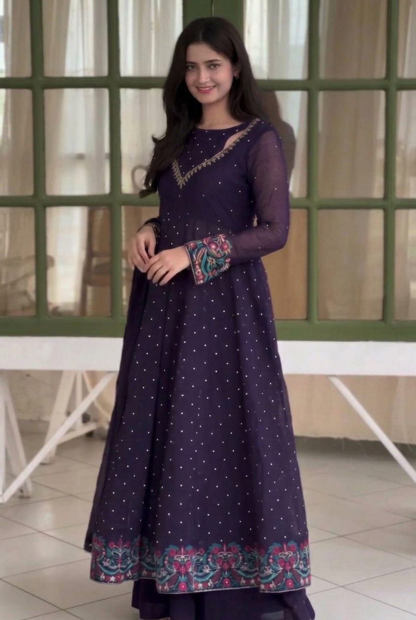 Navy Blue Sequin Anarkali Suit with Dupatta for Party Wear