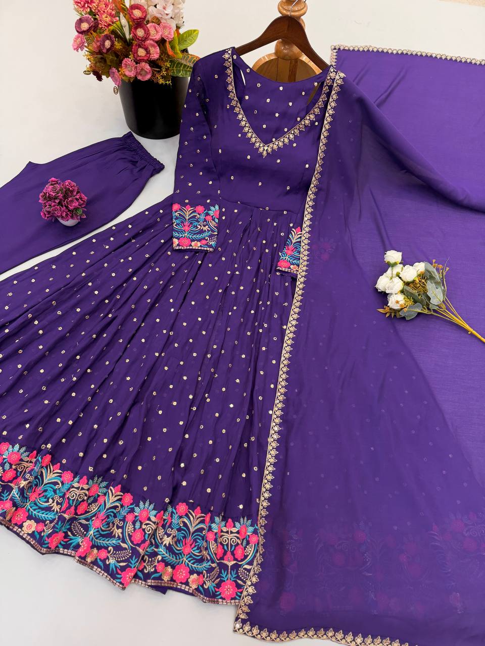 Navy Blue Sequin Anarkali Suit with Dupatta for Party Wear