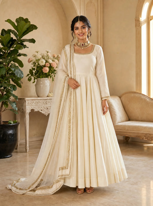 Off-White Anarkali Suit with Gold Border Dupatta for Wedding