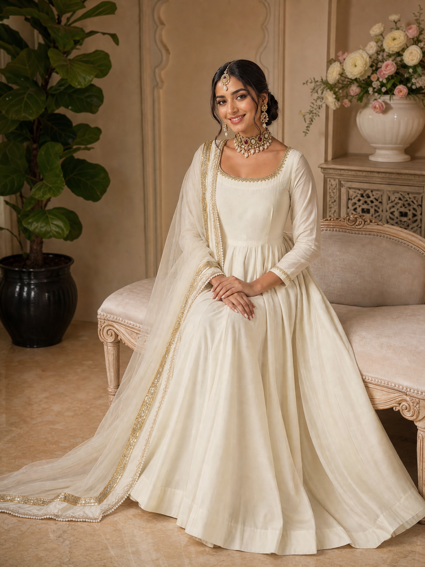 Off-White Anarkali Suit with Gold Border Dupatta for Wedding