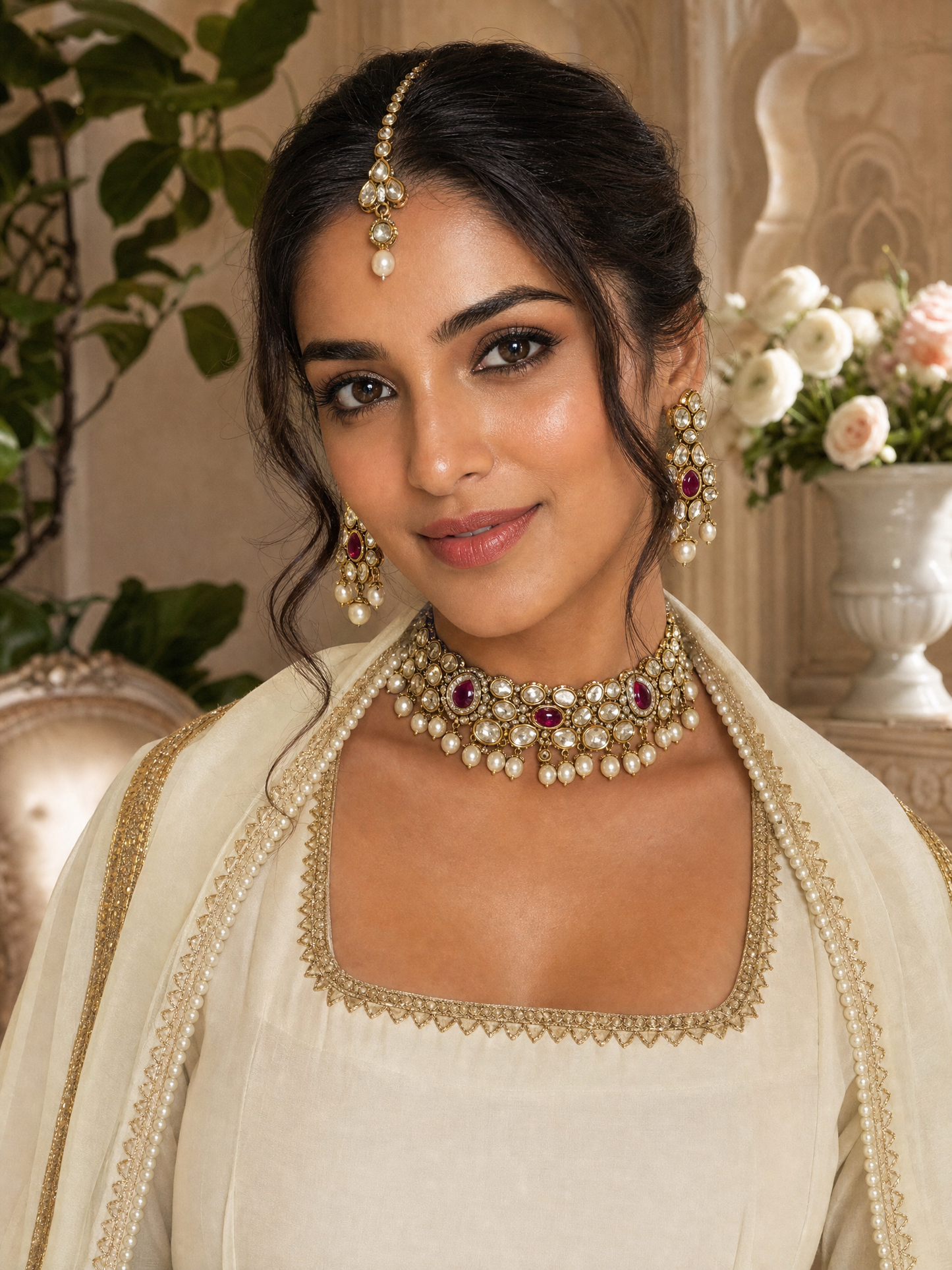 Off-White Anarkali Suit with Gold Border Dupatta for Wedding