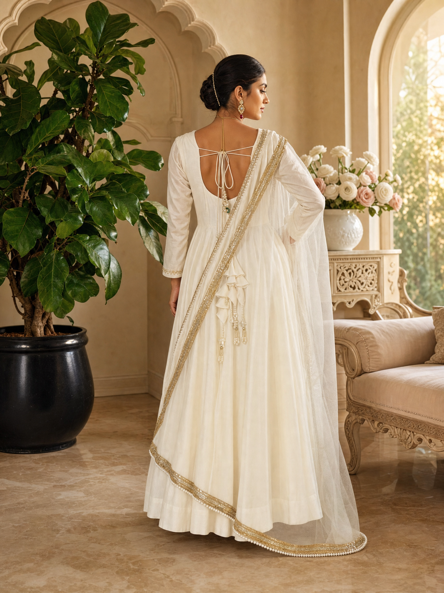 Off-White Anarkali Suit with Gold Border Dupatta for Wedding