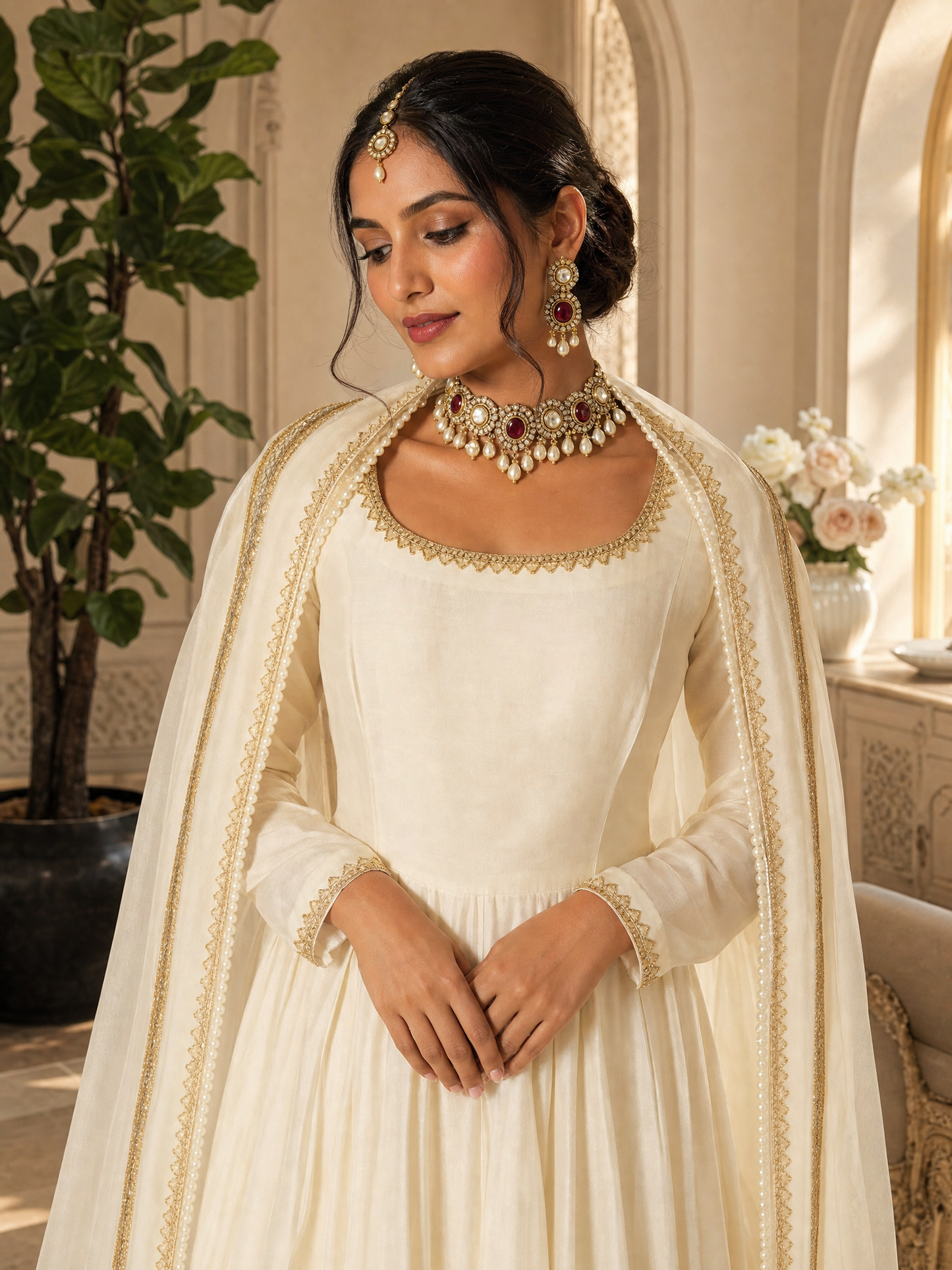 Off-White Anarkali Suit with Gold Border Dupatta for Wedding