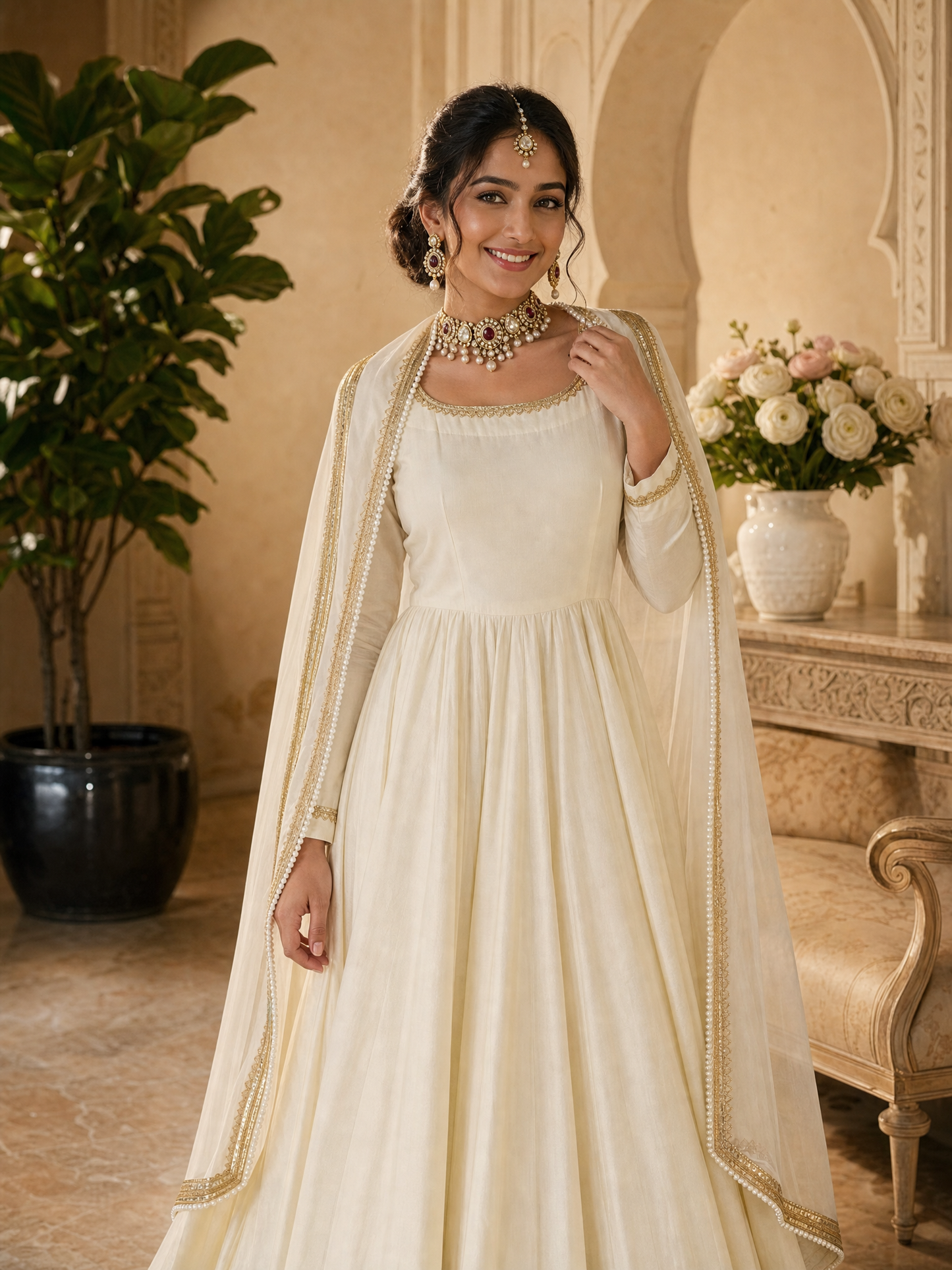 Off-White Anarkali Suit with Gold Border Dupatta for Wedding