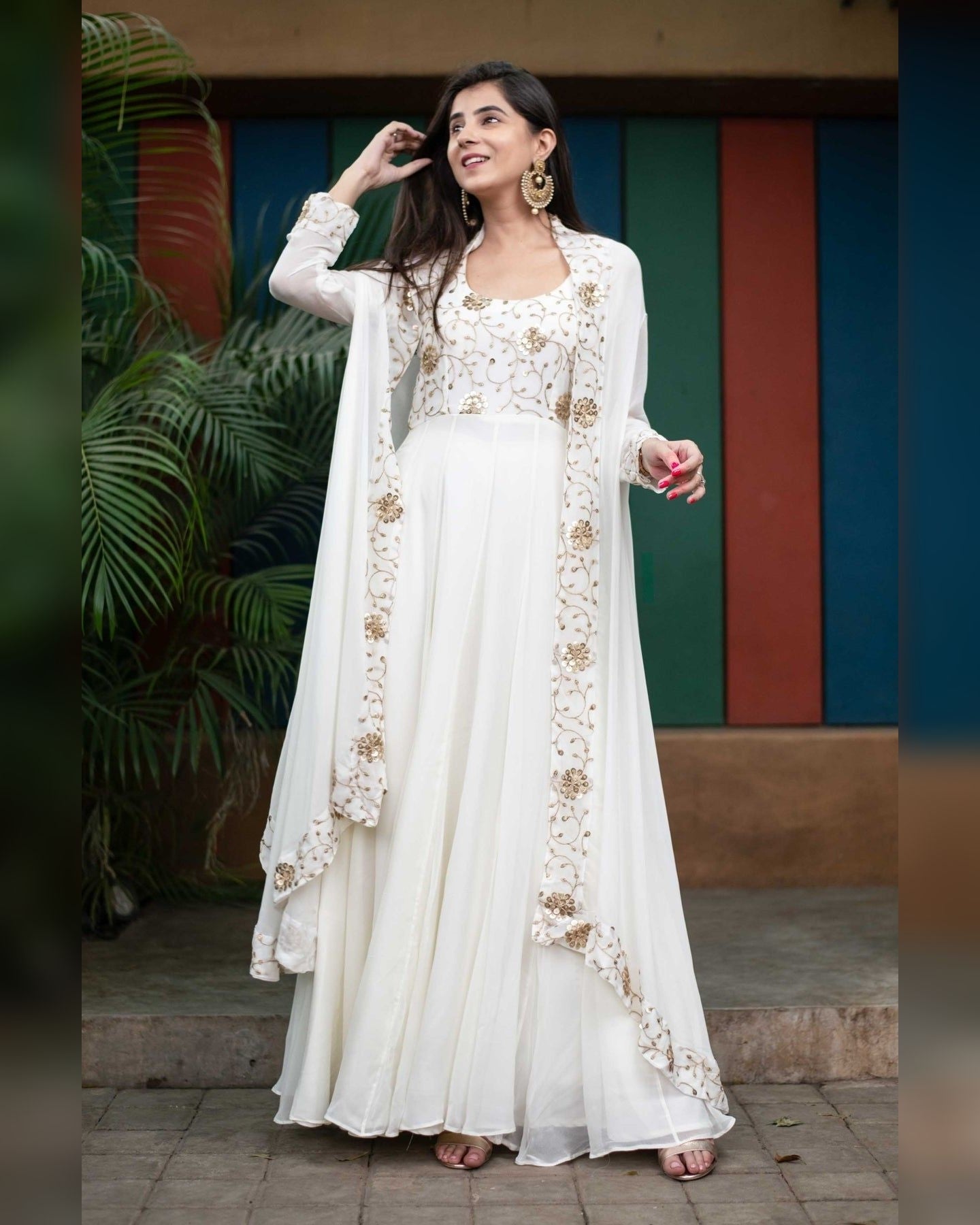 Off-White Embroidered Anarkali Gown with Jacket for Wedding & Festive