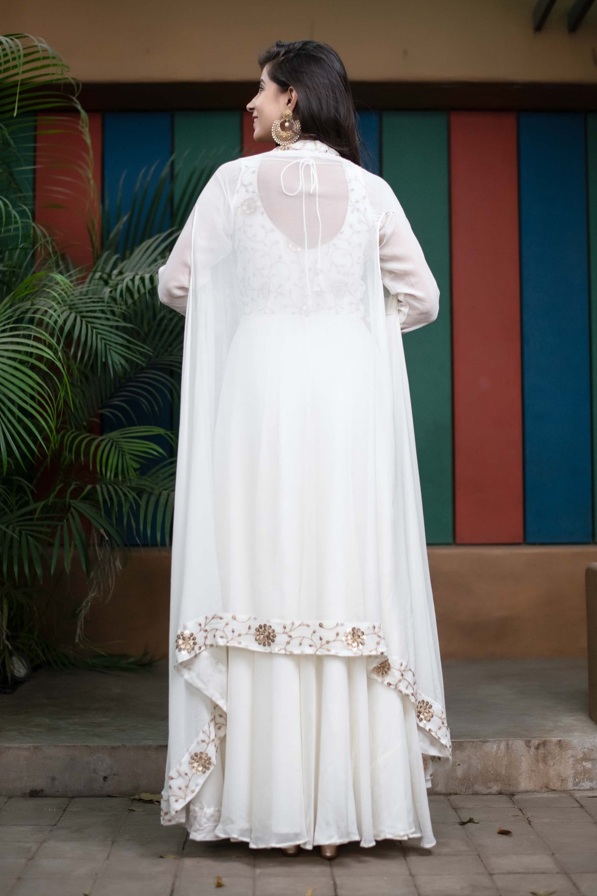 Off-White Embroidered Anarkali Gown with Jacket for Wedding & Festive