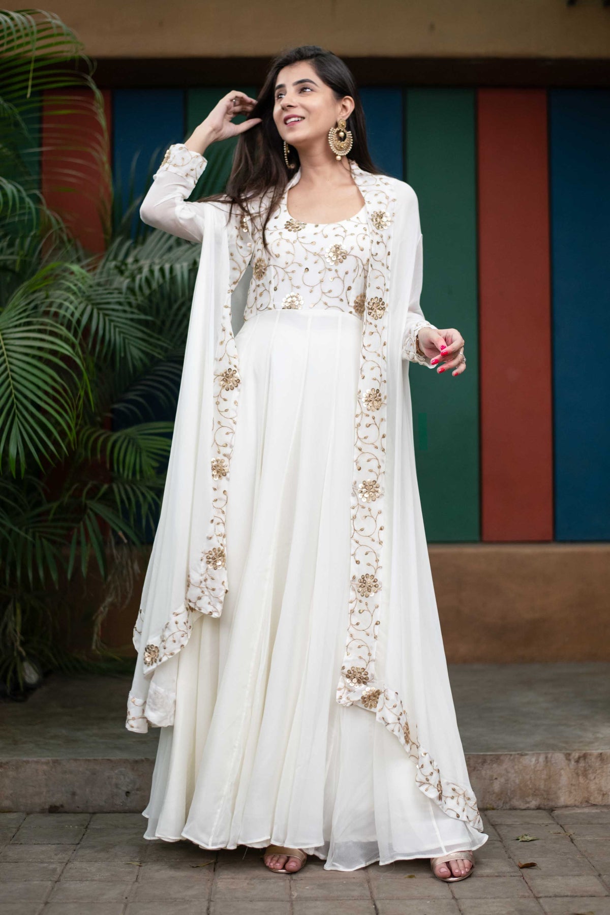 Off-White Embroidered Anarkali Gown with Jacket for Wedding & Festive
