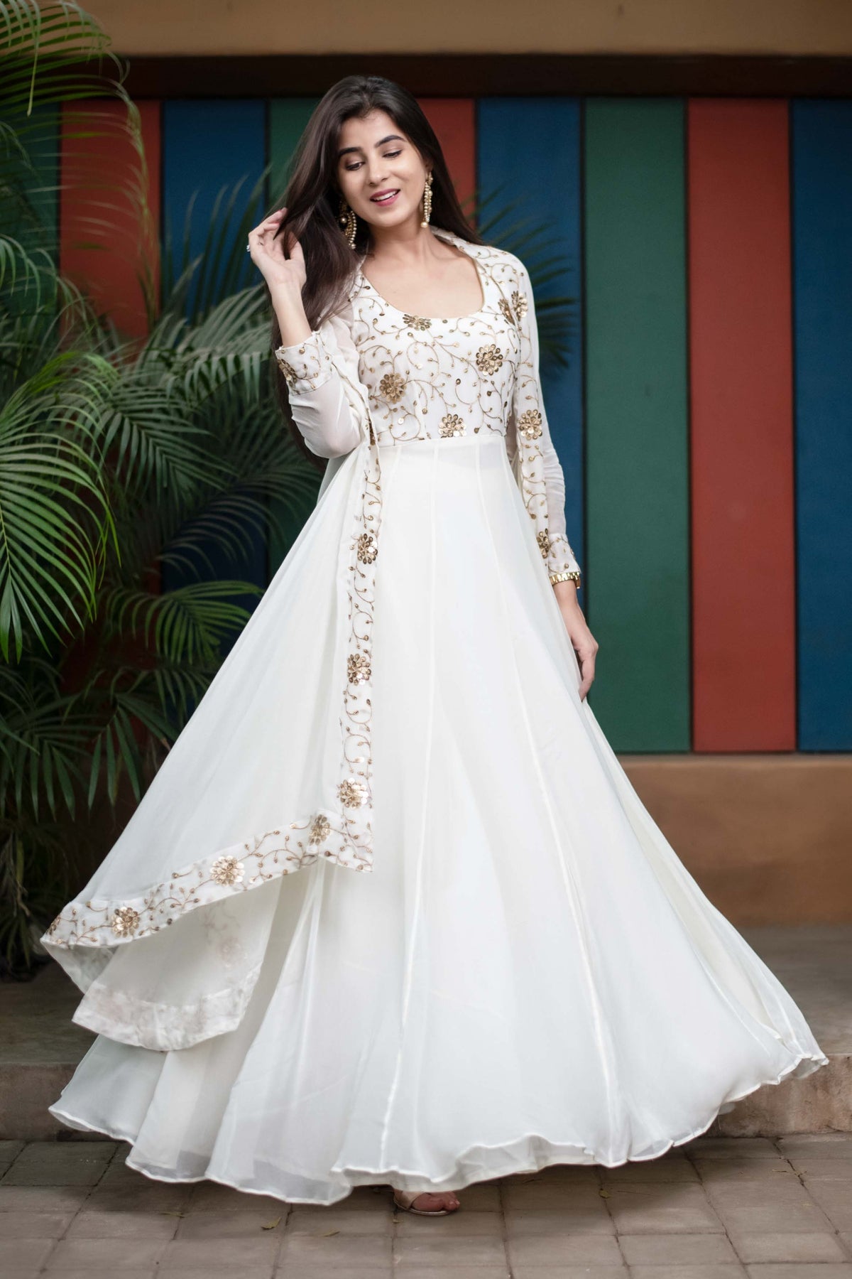 Off-White Embroidered Anarkali Gown with Jacket for Wedding & Festive