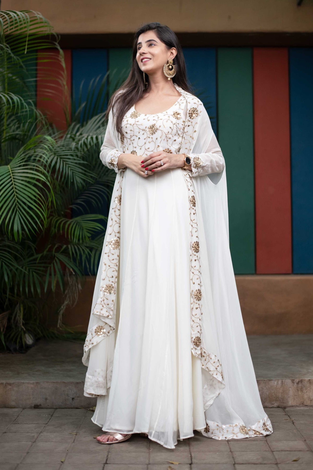 Off-White Embroidered Anarkali Gown with Jacket for Wedding & Festive