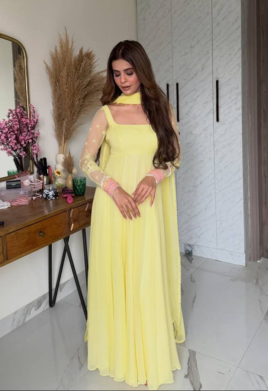 Yellow Embroidered Georgette Anarkali Suit with Dupatta - Back View