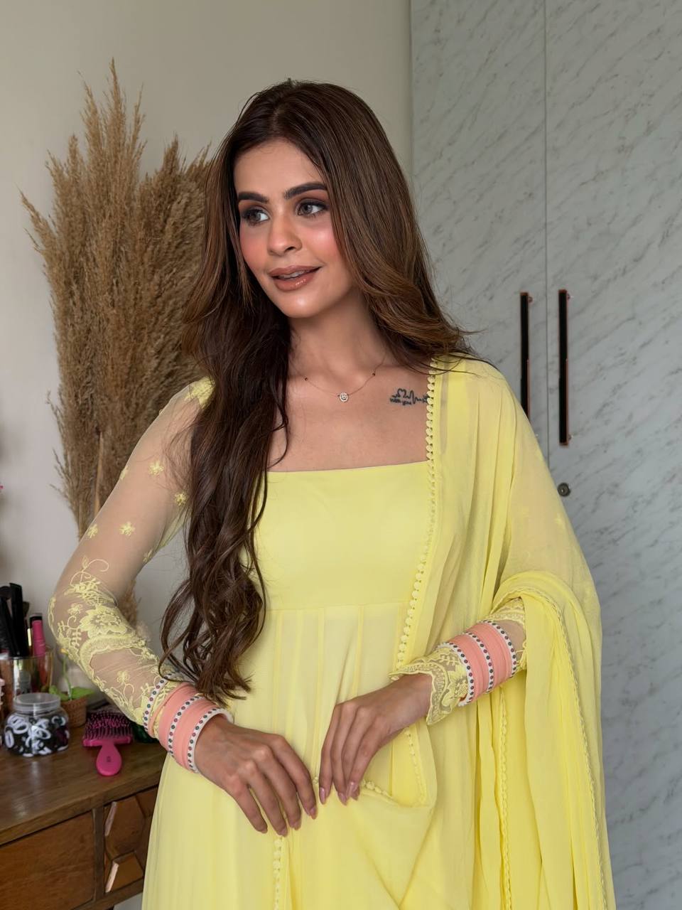 Yellow Embroidered Georgette Anarkali Suit with Dupatta - Model View with Dupatta