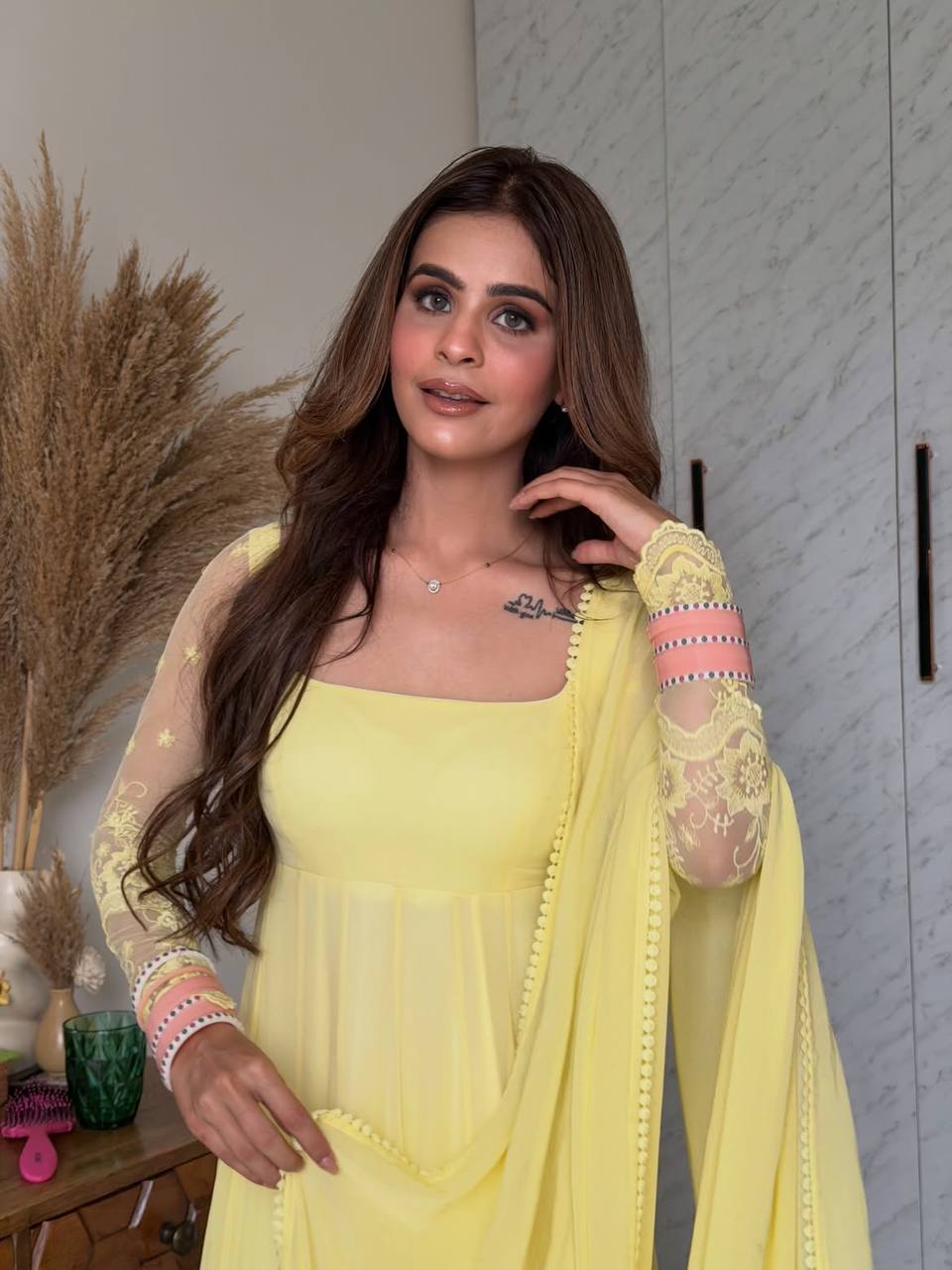 Yellow Embroidered Georgette Anarkali Suit with Dupatta - Close Up Sleeve Embroidery