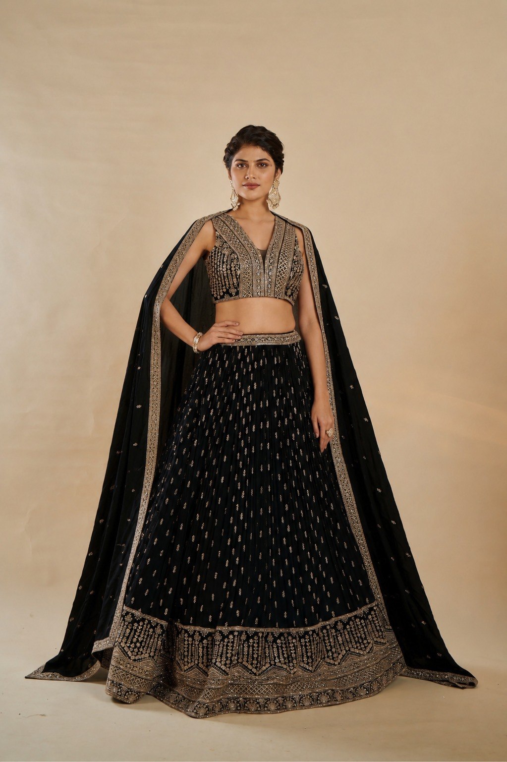 Black Zari Sequins Work Georgette Lehenga Choli With Dupatta