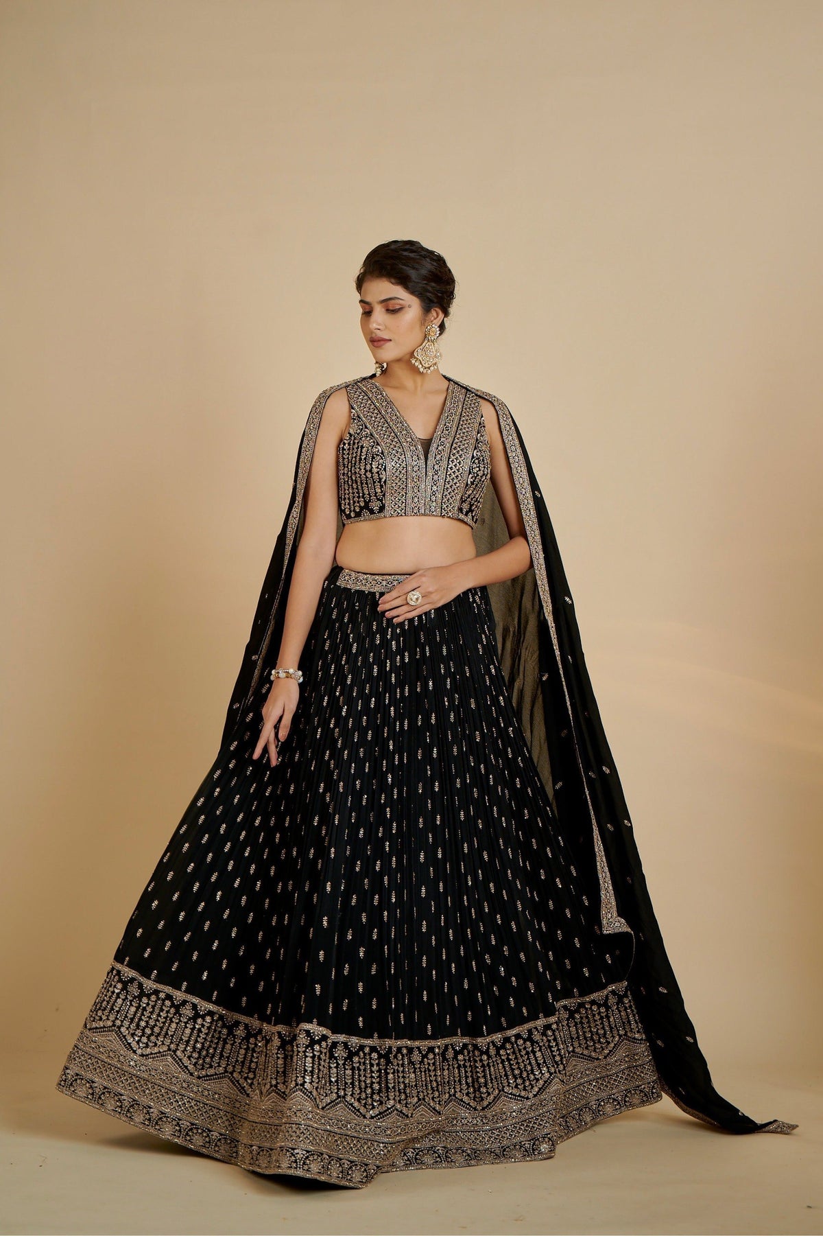 Black Zari Sequins Work Georgette Lehenga Choli With Dupatta