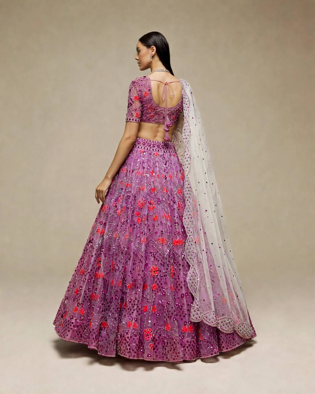 Purple Floral Sequins Work Butterfly Net Lehenga Choli With Dupatta