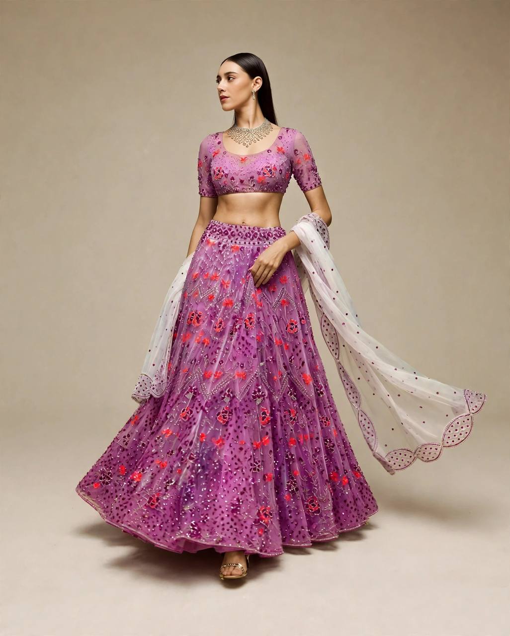 Purple Floral Sequins Work Butterfly Net Lehenga Choli With Dupatta