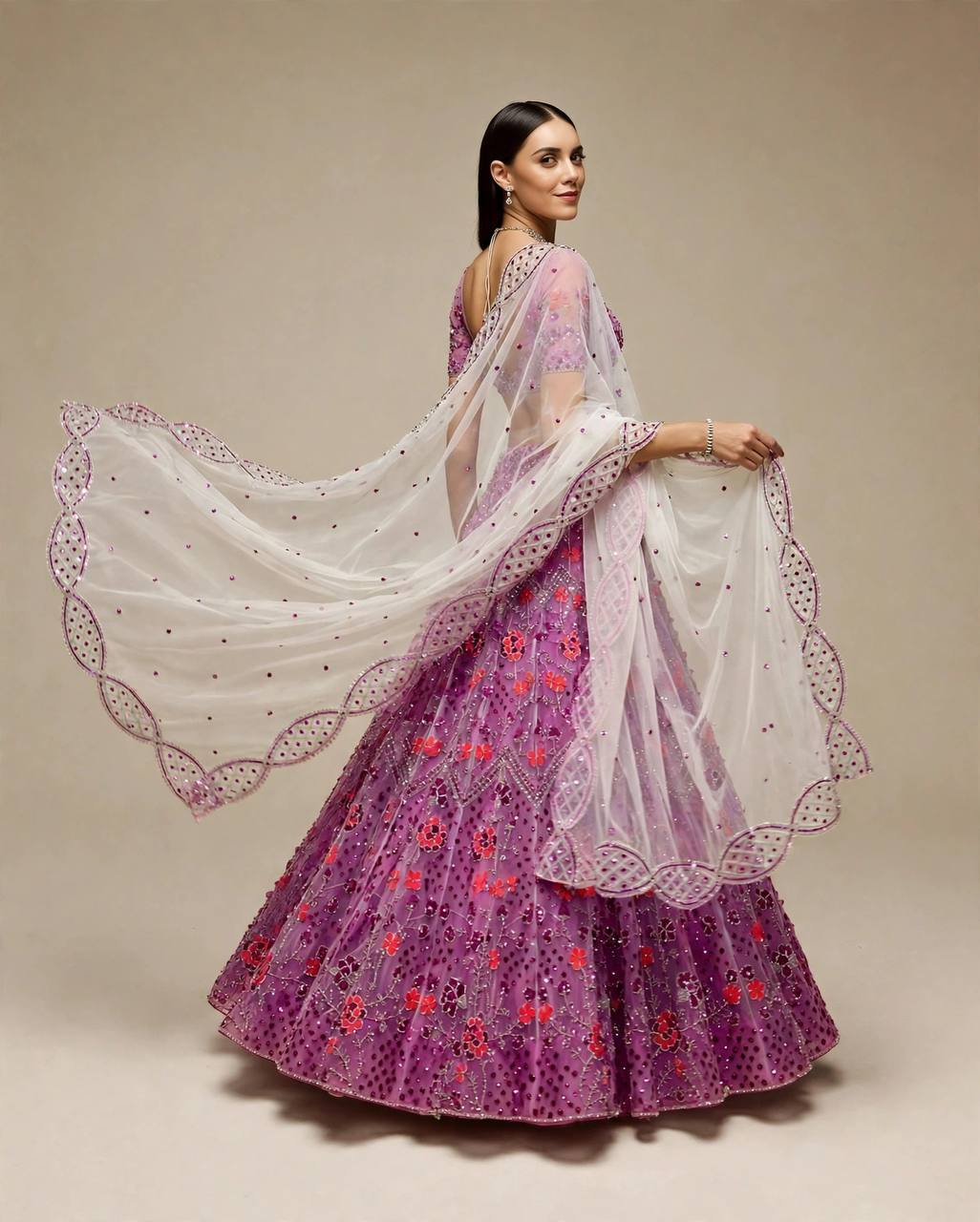 Purple Floral Sequins Work Butterfly Net Lehenga Choli With Dupatta
