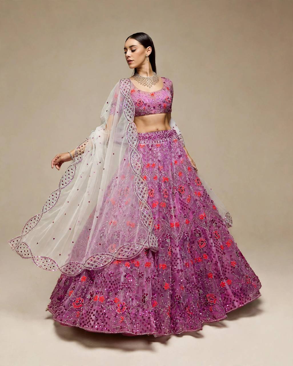 Purple Floral Sequins Work Butterfly Net Lehenga Choli With Dupatta