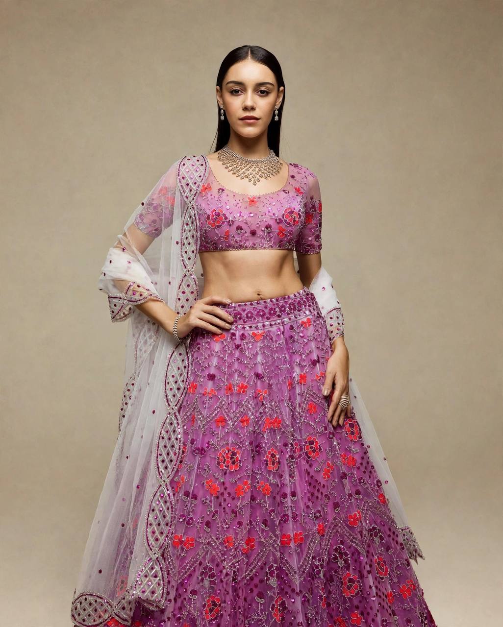 Purple Floral Sequins Work Butterfly Net Lehenga Choli With Dupatta