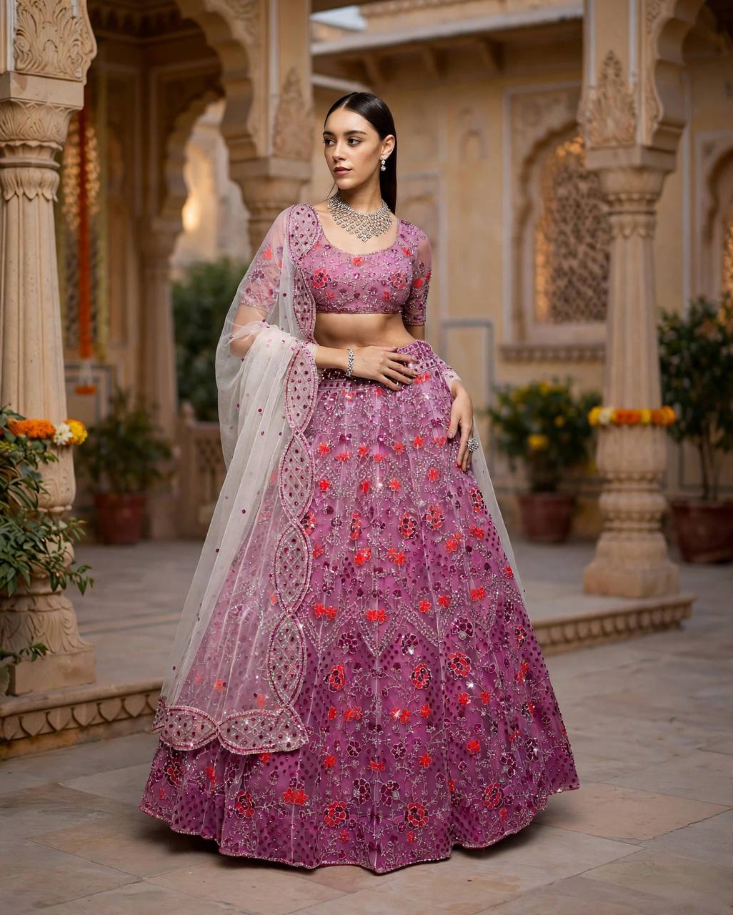 Purple Floral Sequins Work Butterfly Net Lehenga Choli With Dupatta