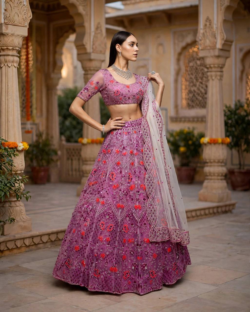 Purple Floral Sequins Work Butterfly Net Lehenga Choli With Dupatta