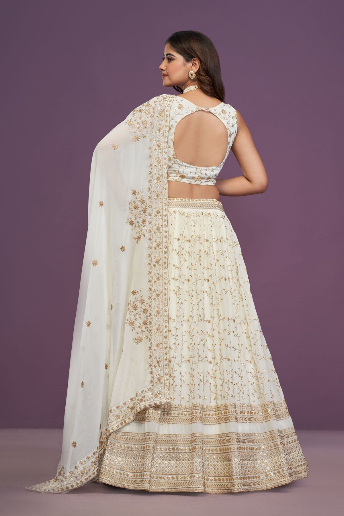 Off-White Zari Sequins Work Georgette Lehenga Choli With Dupatta