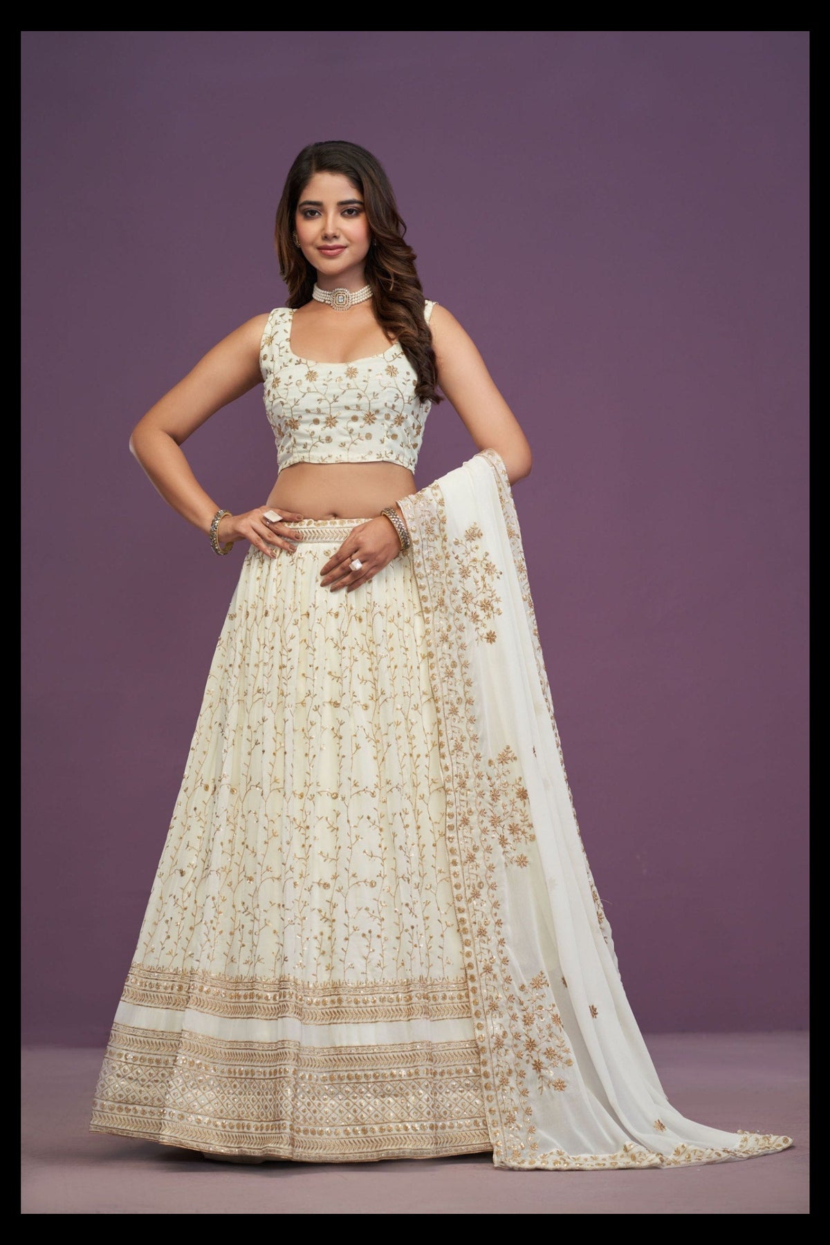 Off-White Zari Sequins Work Georgette Lehenga Choli With Dupatta