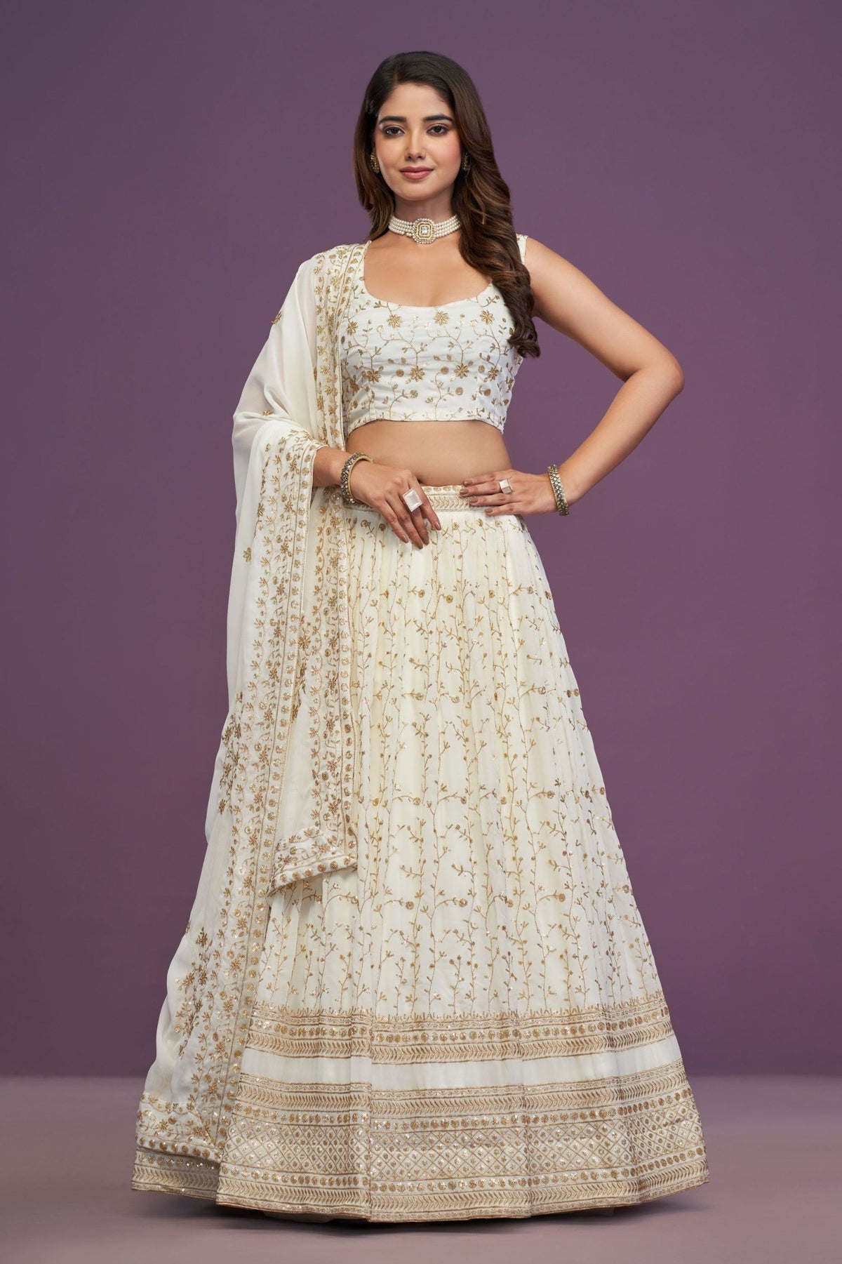 Off-White Zari Sequins Work Georgette Lehenga Choli With Dupatta
