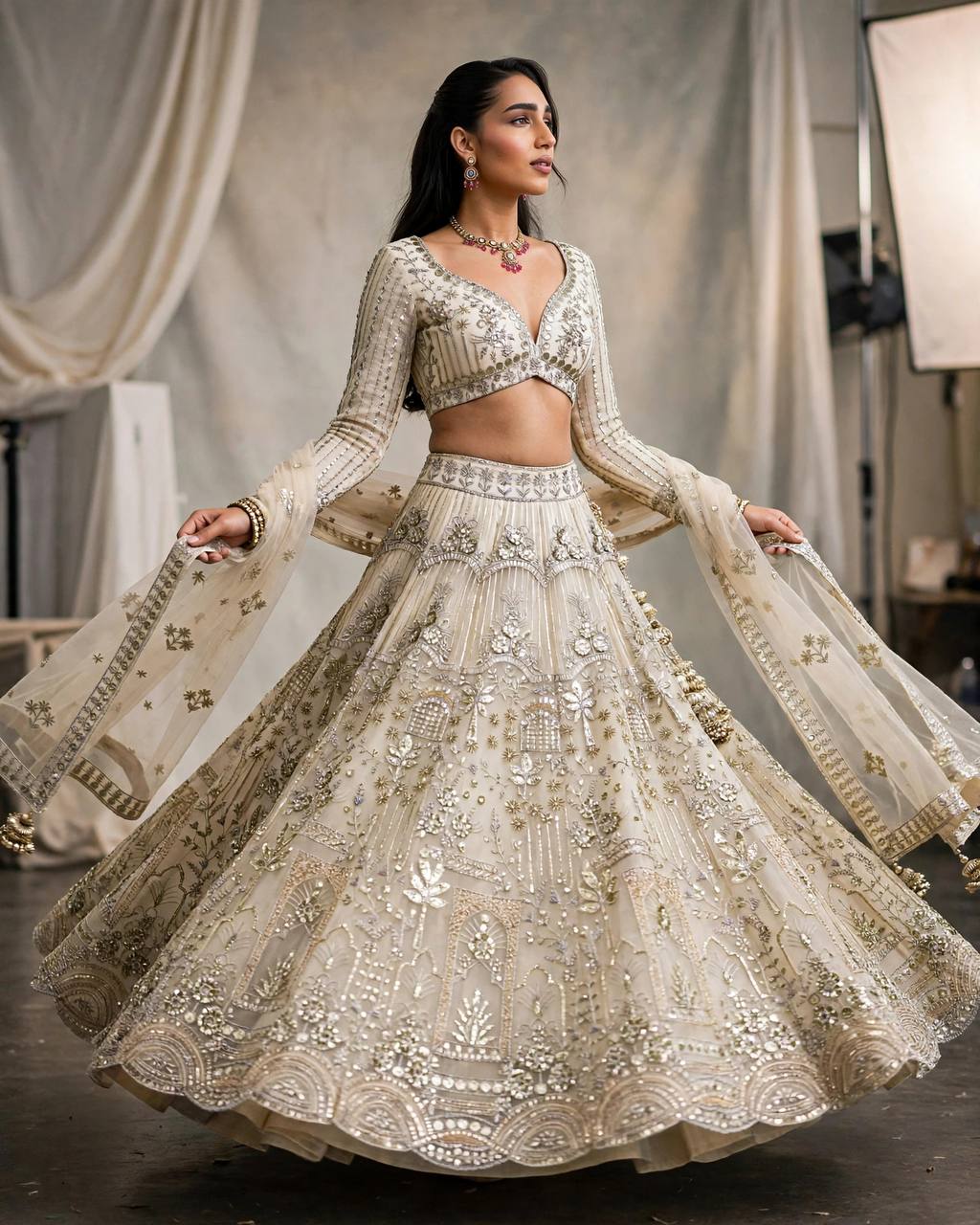 Cream Coding Sequins Work Soft Net Lehenga Choli With Dupatta