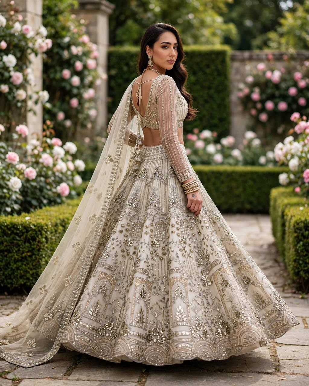 Cream Coding Sequins Work Soft Net Lehenga Choli With Dupatta