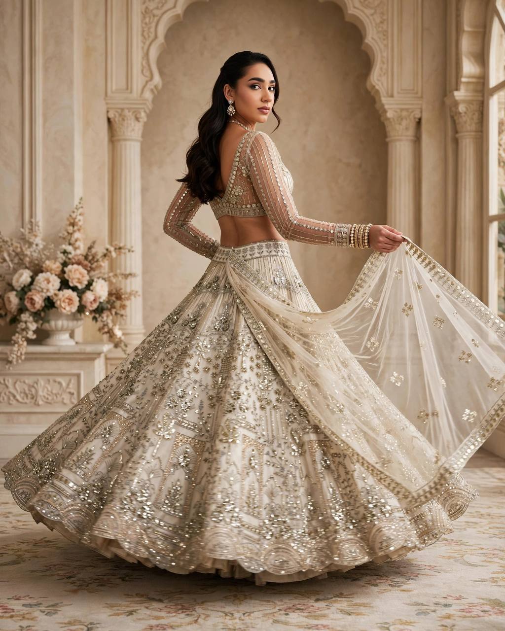 Cream Coding Sequins Work Soft Net Lehenga Choli With Dupatta