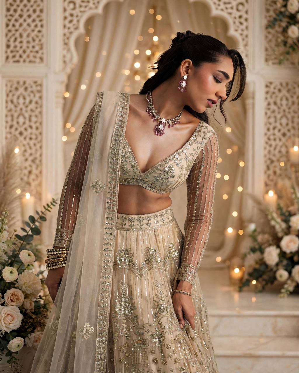 Cream Coding Sequins Work Soft Net Lehenga Choli With Dupatta