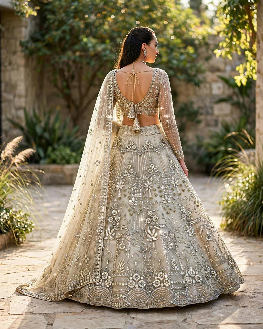 Cream Coding Sequins Work Soft Net Lehenga Choli With Dupatta