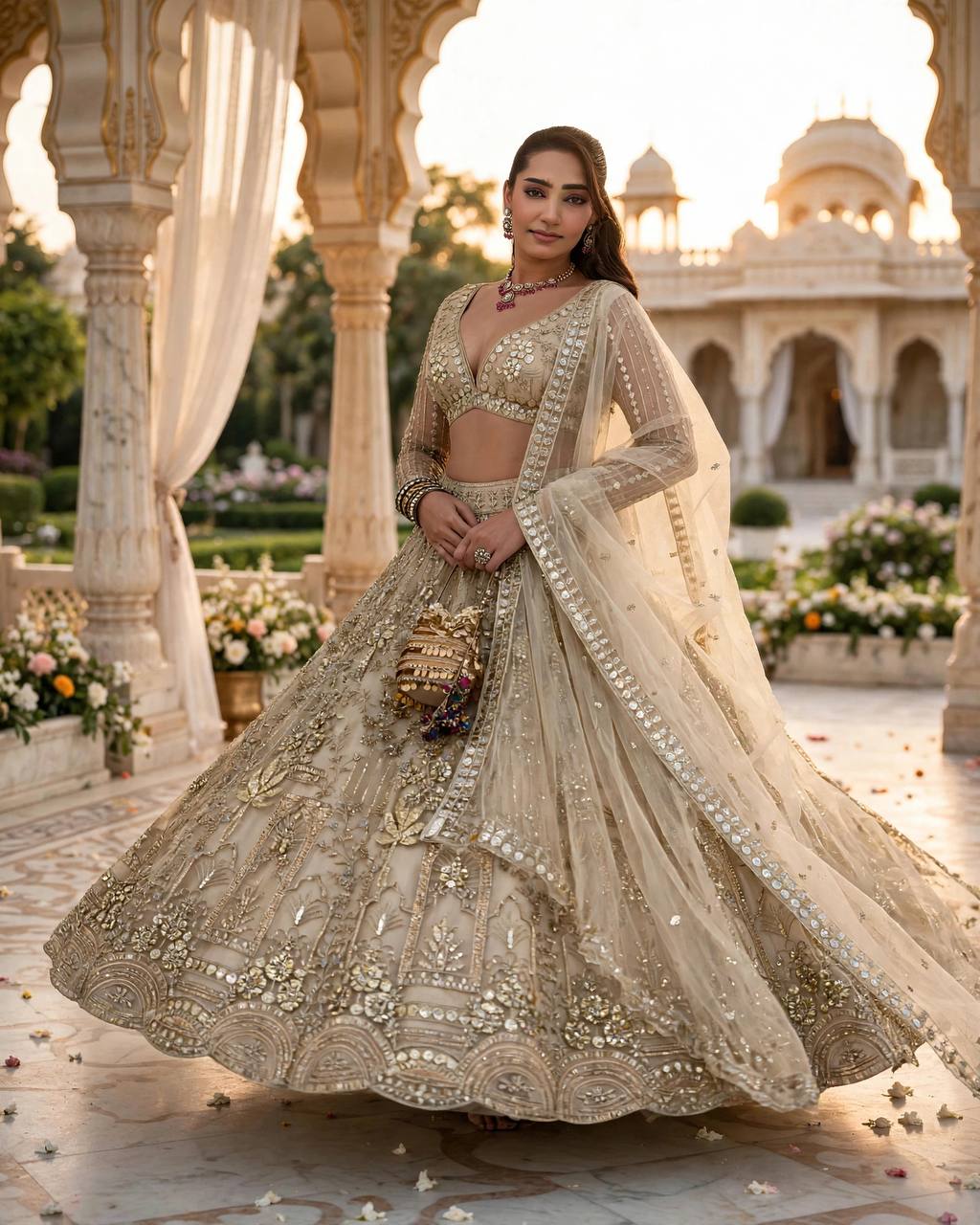 Cream Coding Sequins Work Soft Net Lehenga Choli With Dupatta
