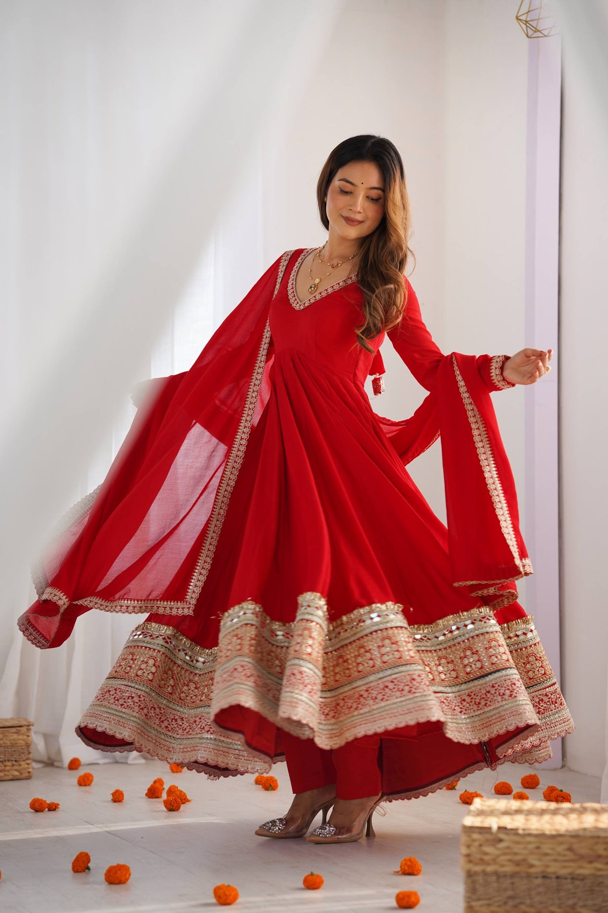 Red Embroidered Vichitra Silk Anarkali Suit with Dupatta - Close Up Yoke Embroidery