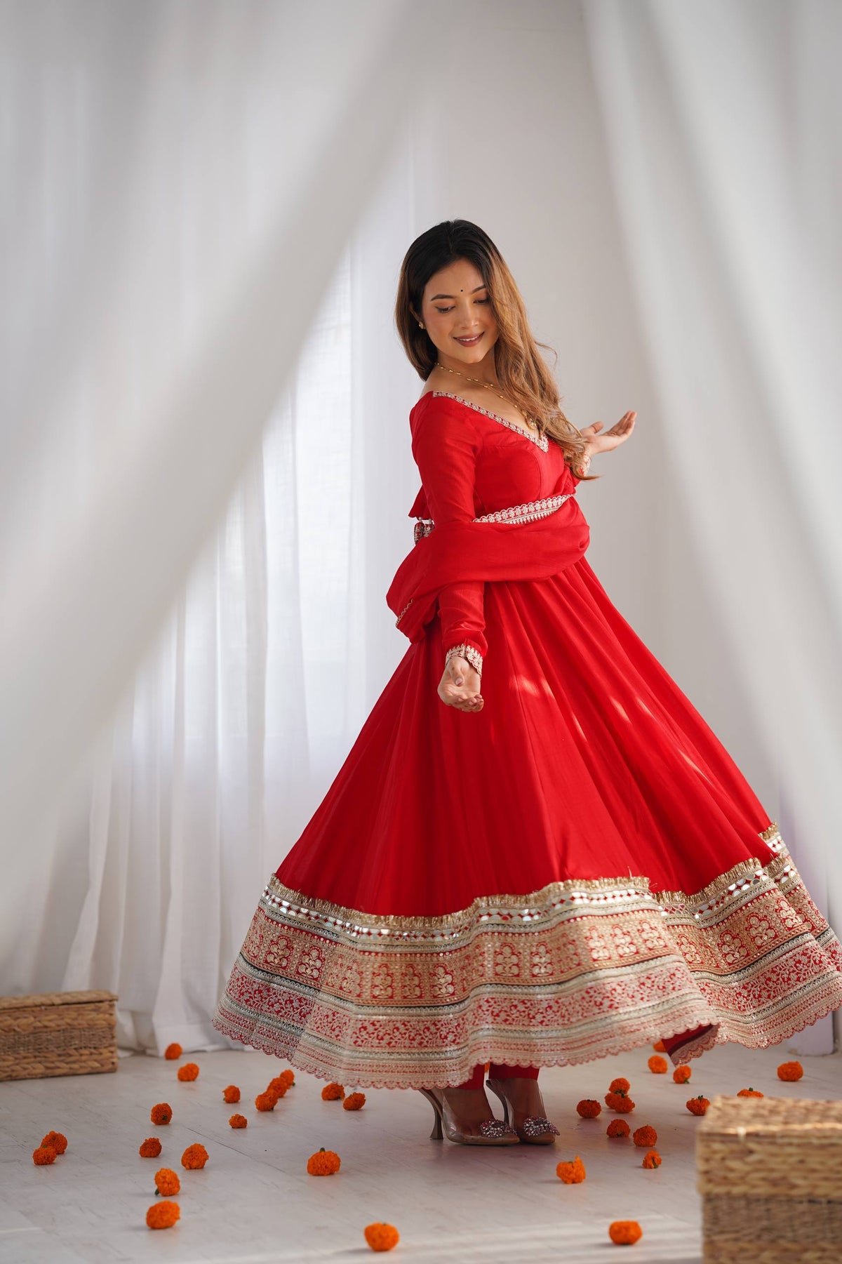 Red Embroidered Vichitra Silk Anarkali Suit with Dupatta - Front Twirl View