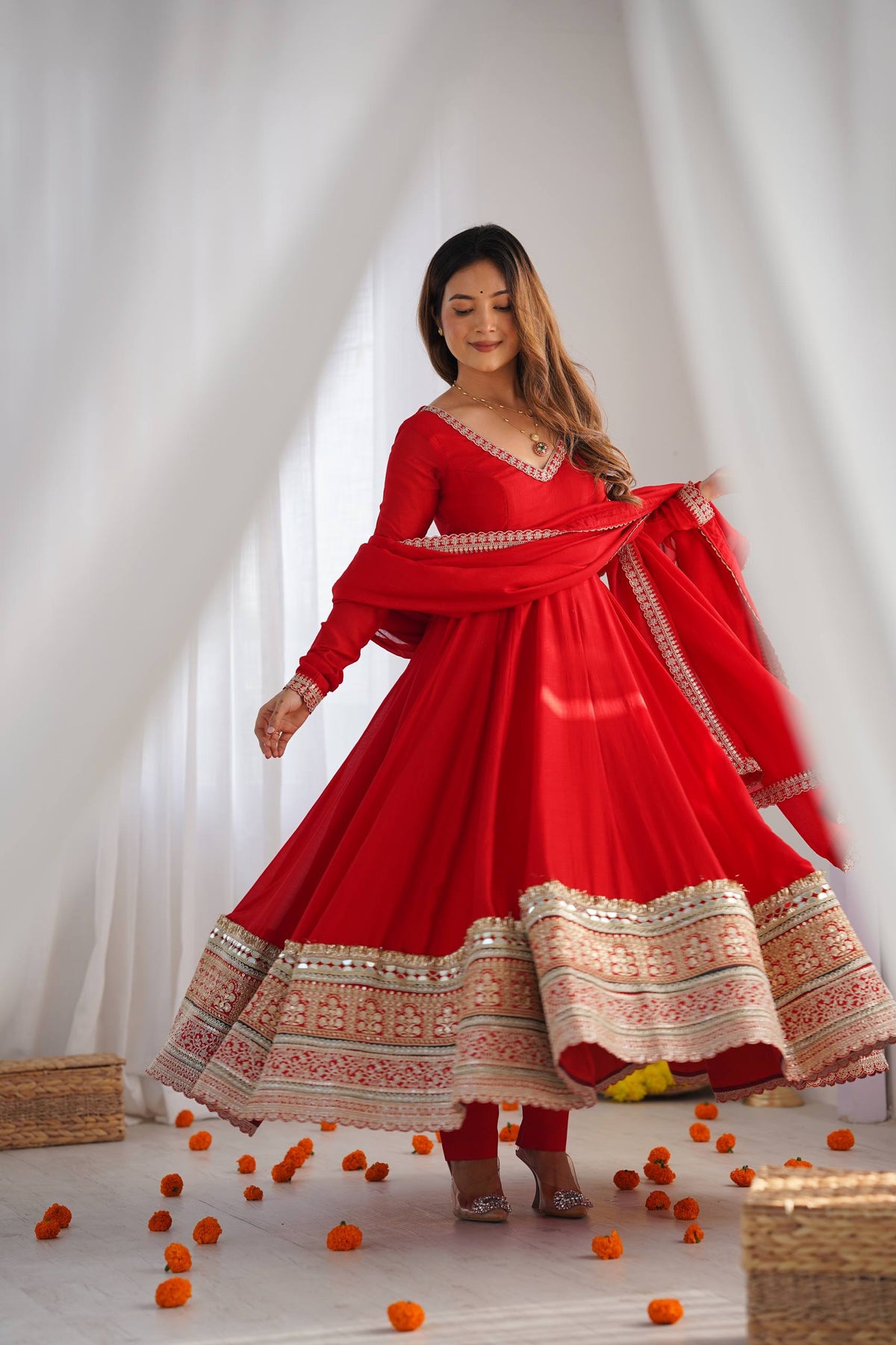 Red Embroidered Vichitra Silk Anarkali Suit with Dupatta - Full Front View