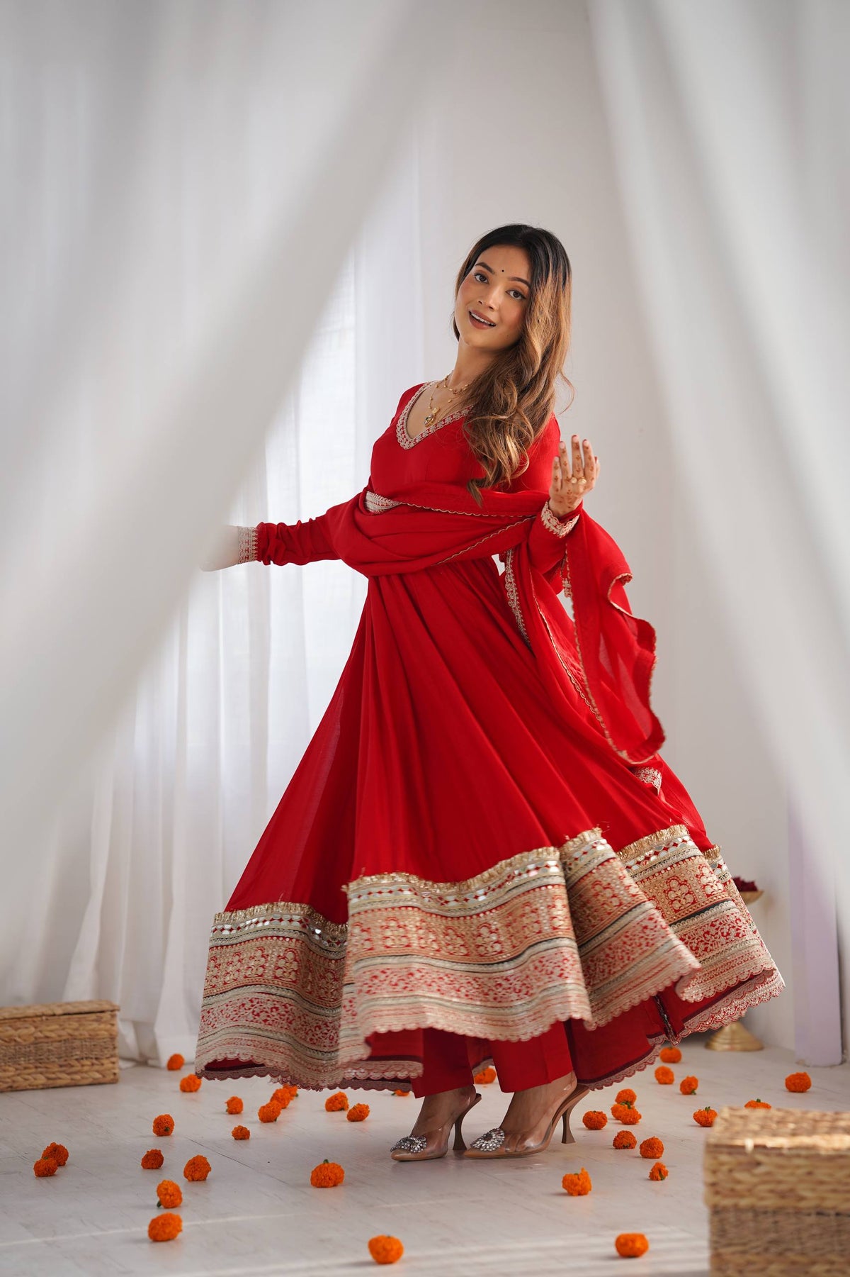 Red Embroidered Vichitra Silk Anarkali Suit with Dupatta - Mirror Work Dupatta Detail