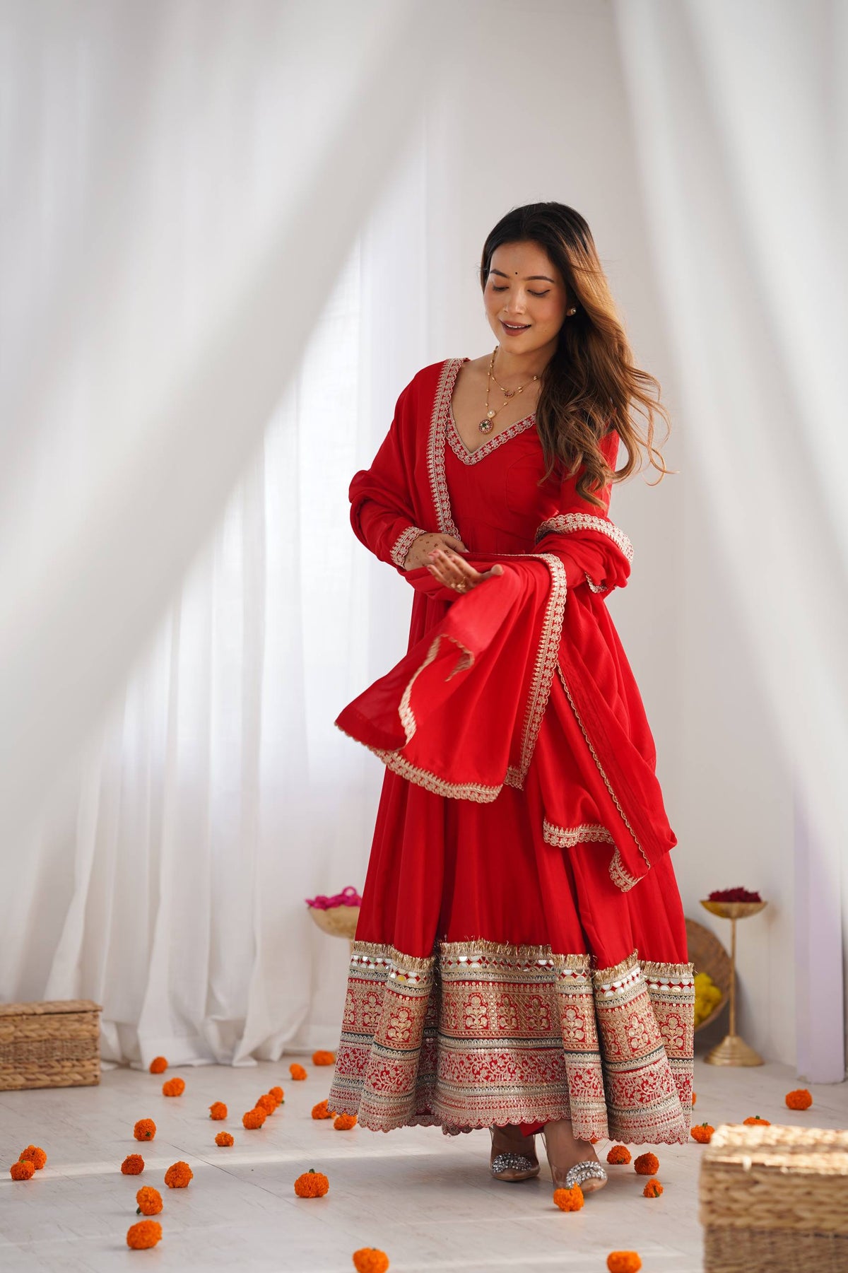 Red Embroidered Vichitra Silk Anarkali Suit with Dupatta - Hem Border Detail